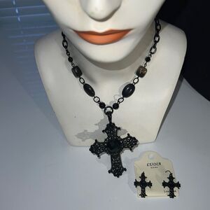 Large Black Cross Necklace & Earring Set